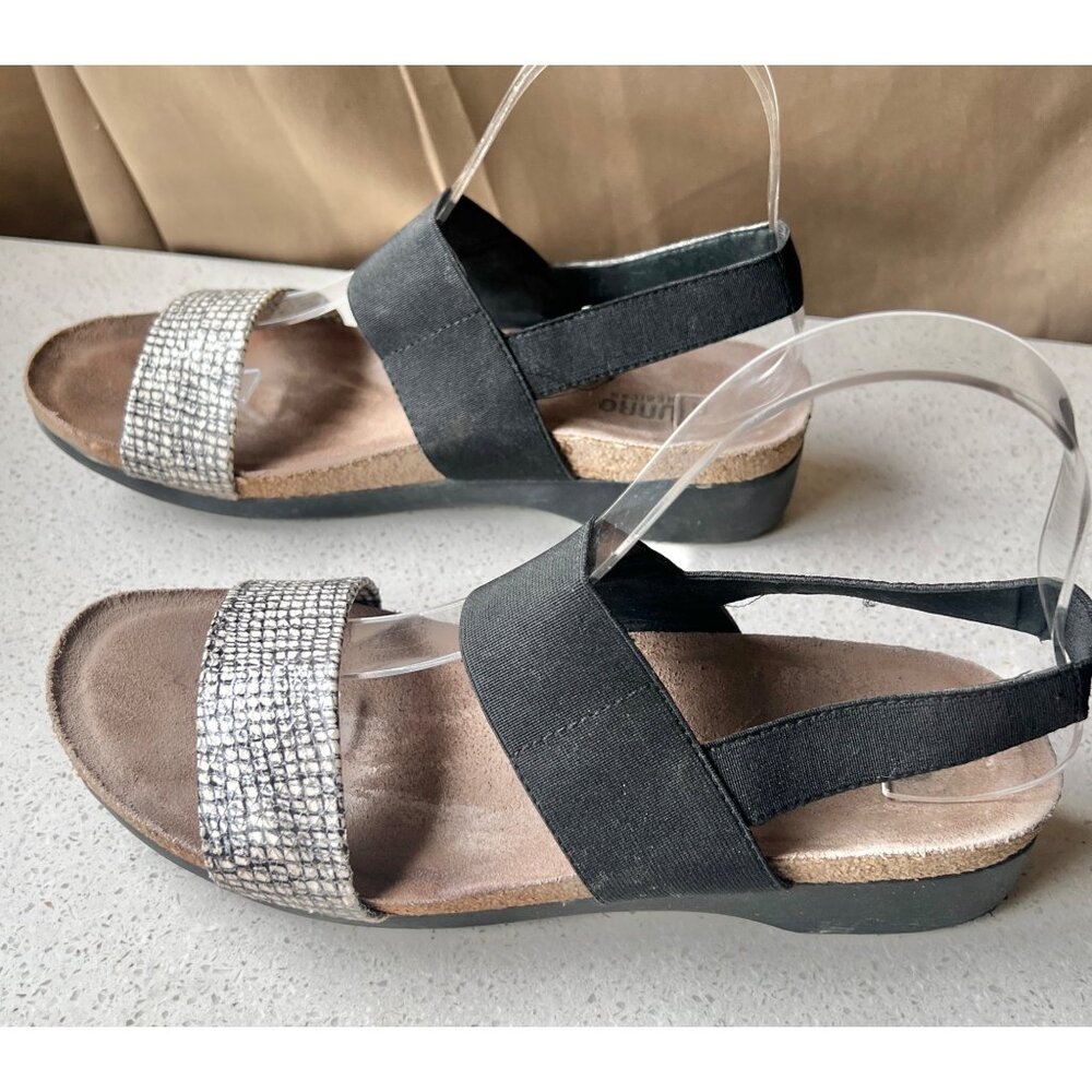 Munro Womens Sandals 9N Black Elastic Straps & Silver Faux Leather Toe Strap Wit
